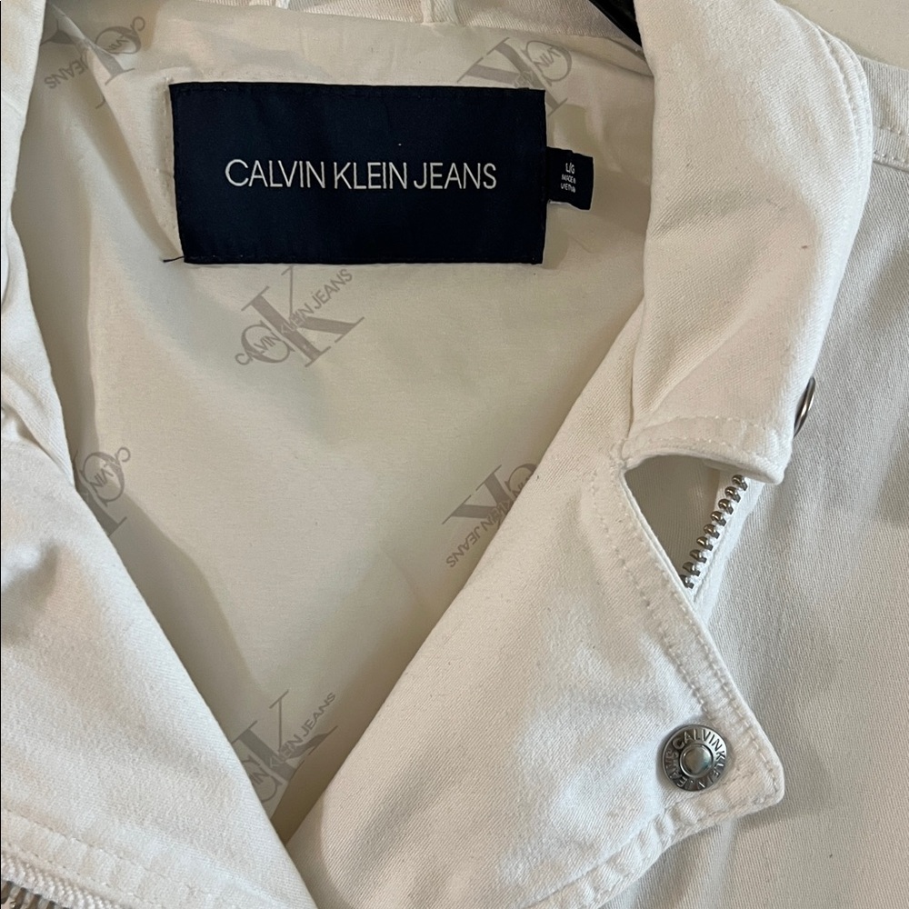 Calvin Klein Women's White Denim Moto Jacket- size Large - Picture 2 of 7